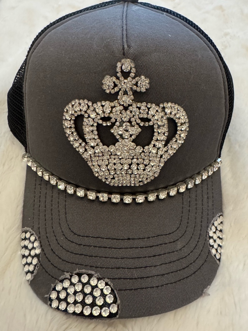 Embellished Rhinestone Crown Trucker Cap - Gray